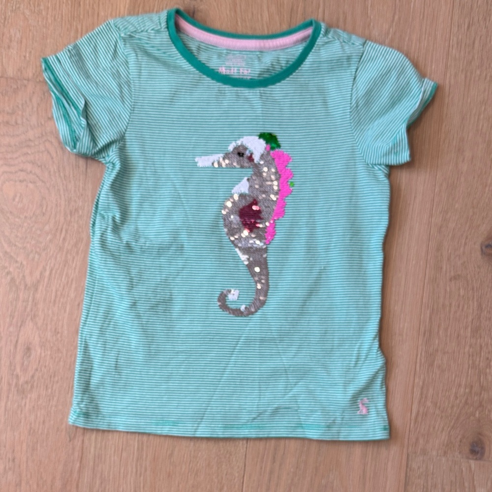 Joules Mint Green Striped Short Sleeve Girls Tee with Sequin Seahorse size 7